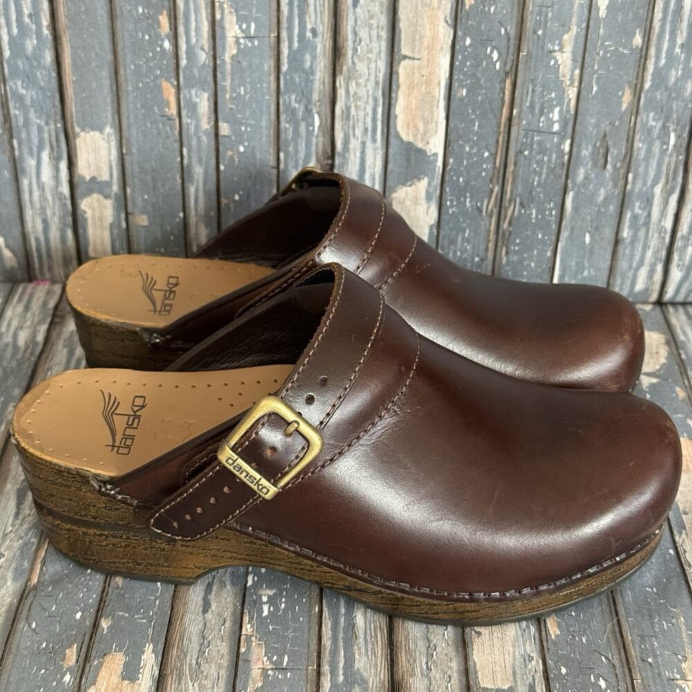 Dansko Ingrid Clog Shoes Sz 6.5 EU 37 Brown Leather Buckle Comfort Shoes